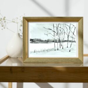 paysage d’hiver arbre neige froid aquarelle noir blanc