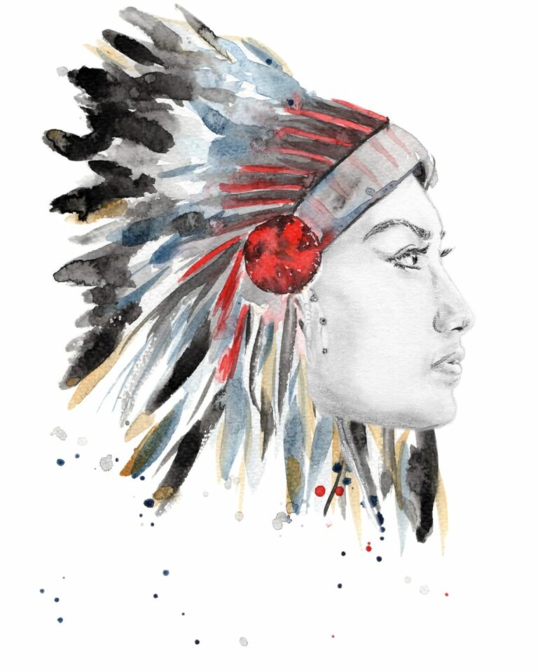 illustration mixmedia crayon aquarelle femme indien plume