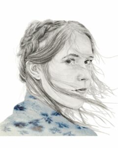 femme profil dos tresse vent cheveux chale crayon illustration dessin aquarelle bleu texture