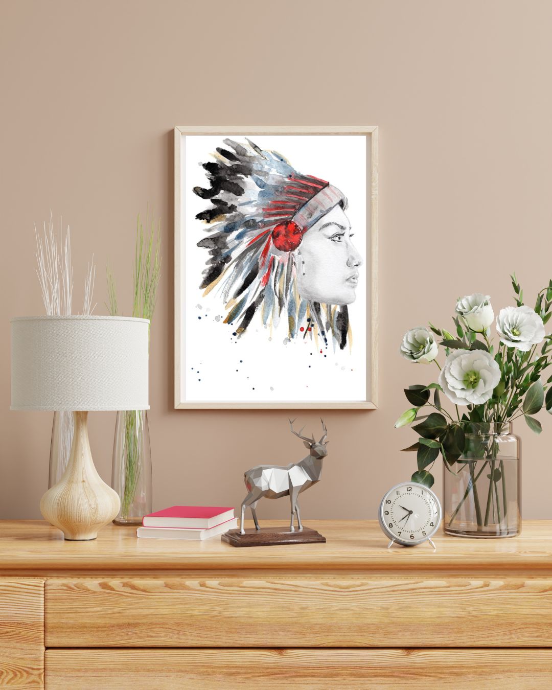 mockup affiche deco impression fine art esprit amérindien femme mixmedia aquarelle crayon indienne