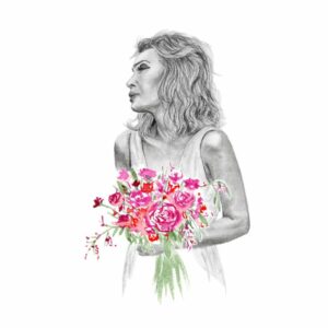 illustration dessin portrait femme crayon aquarelle bouquet fleurs