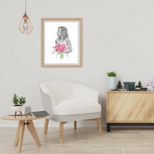 Mockup illustration dessin portrait crayon aquarelle femme bouquet fleurs