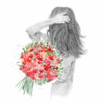 illustration dessin portrait crayon aquarelle bouquet fleurs femme dos