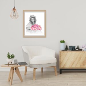 mockup illustration affiche dessin portrait crayon aquarelle femme bouquet fleurs