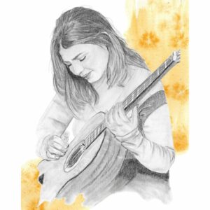 illustration dessin portrait femme crayon aquarelle jaune guitare guitariste