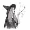 Illustration dessin realiste portrait sorciere chapeau baguette sort magie halloween