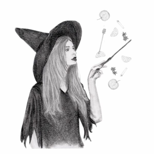 Illustration dessin realiste portrait sorciere chapeau baguette sort magie halloween