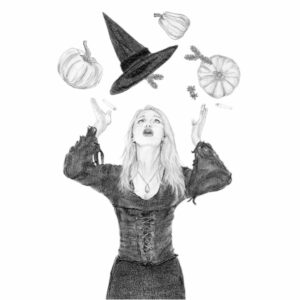 Illustration dessin realiste portrait sorciere chapeau baguette sort magie halloween