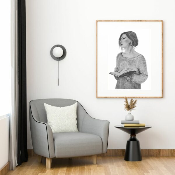 mockup illustration portrait dessin crayon femme livre liseuse songeuse roman