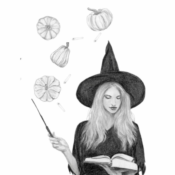 Illustration dessin realiste portrait sorciere chapeau baguette sort magie halloween