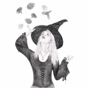 Illustration dessin realiste portrait sorciere chapeau baguette sort magie halloween