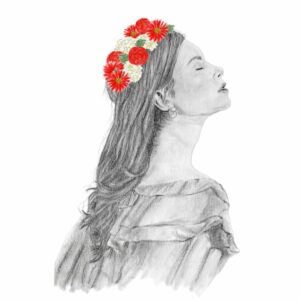 illustration portrait dessin realiste crayon aquarelle fleur femme rouge blanc