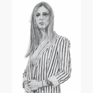 portrait dessin illustration realiste crayon femme vent cheveux longs profil veste