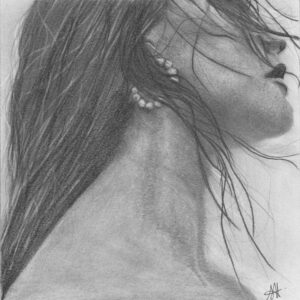 dessin illustration portrait realiste crayon femme profil cou nuque boucle d’oreille vent