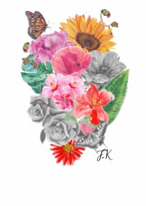 tatouage dessin realiste fleurs montage photo coeur crayon couleurs