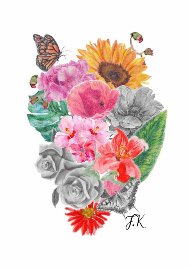 tatouage noir blanc mollet tatoueur tatoue tattoo Frida Kahlo artiste illustration composition realiste crayon graphite crayons de couleur papillons fleurs