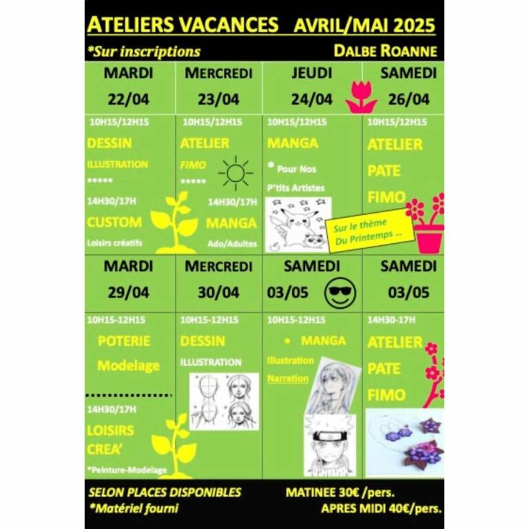 planning ateliers créatifs dessin cours
