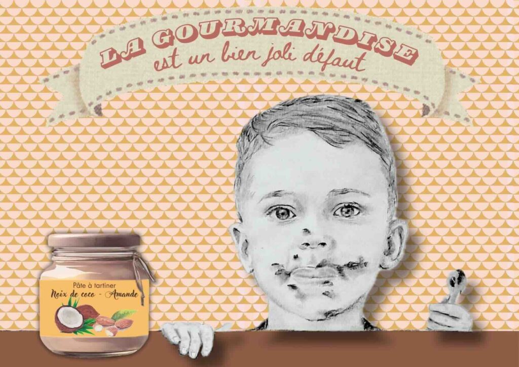 petit garcon mangeant une cuillere de pate a tartiner facon publicite vintage