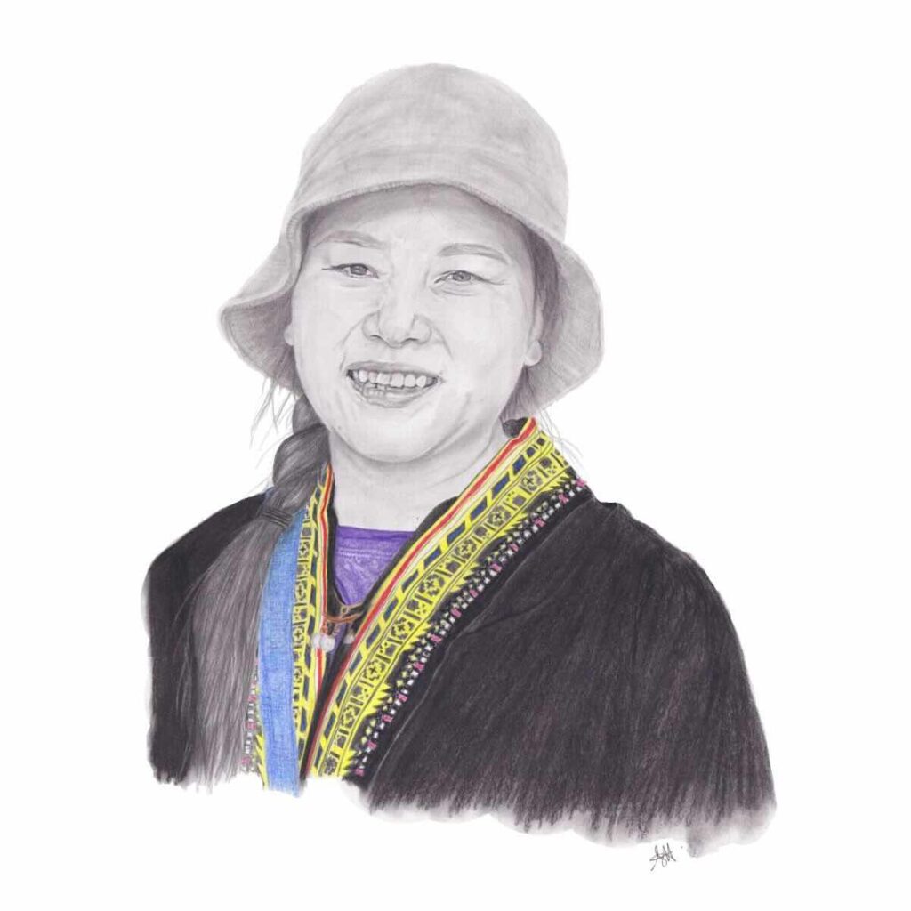 tableau dessin portrait jeune femme Vietnam tribu ethnie costume traditionnel tay vietnam
