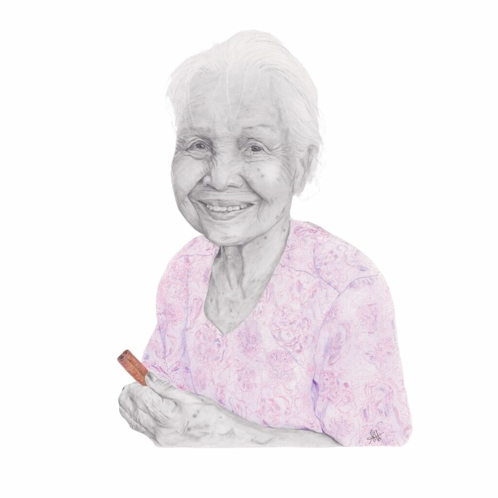 dessin portrait au crayon papier graphite et crayons de couleur d une femme agee vietnamienne