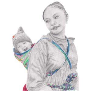 tableau portrait femme jeune maman mère enfant bebe qui sourit Vietnam
