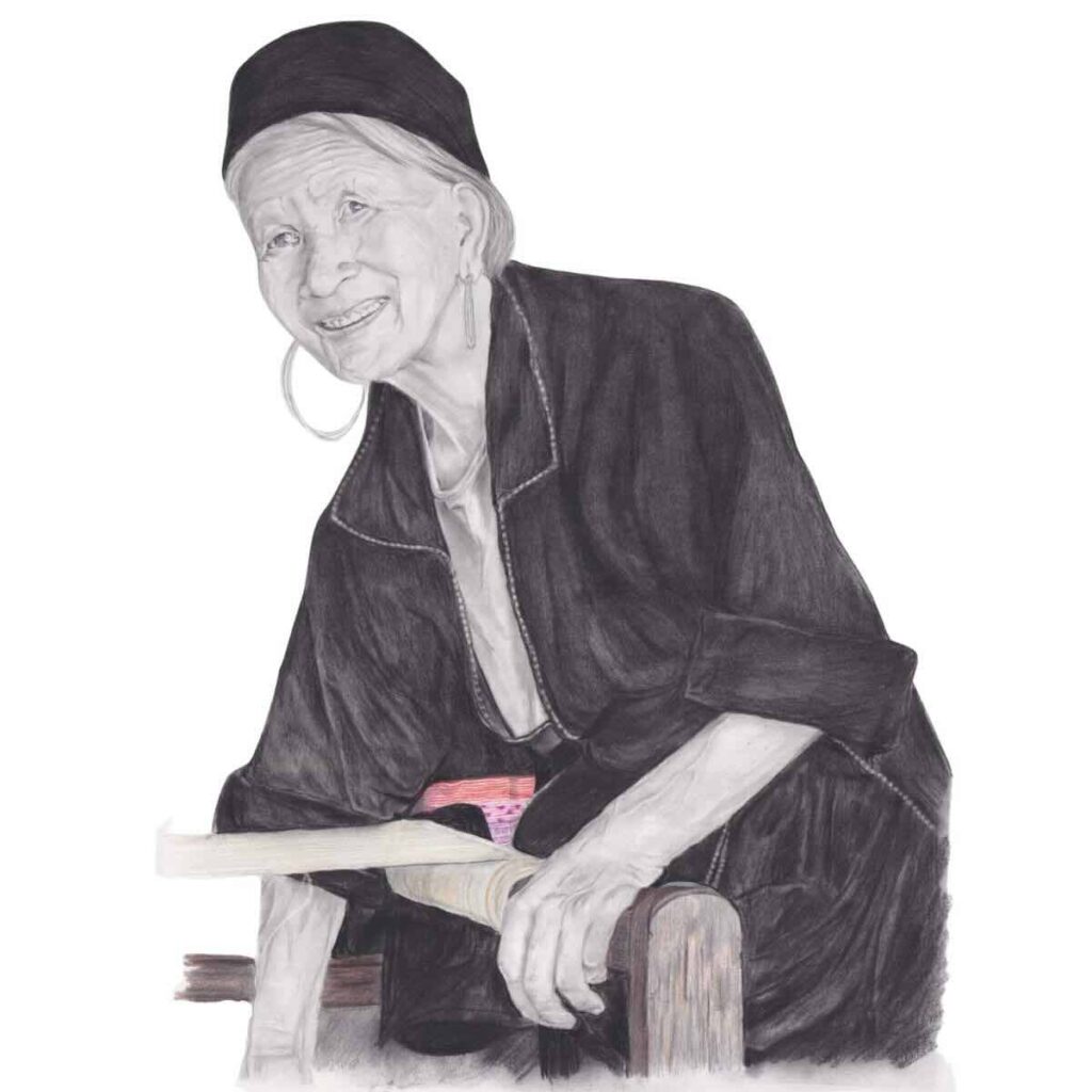 tableau dessin portrait vielle femme agee fileuse de chanvre tribu ethnie hmong noir Vietnam