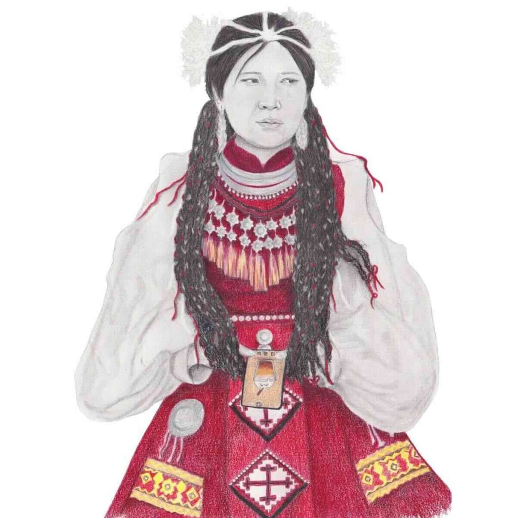 tableau dessin portrait jeune femme Vietnam tribu ethnie costume traditionnel hmong noir